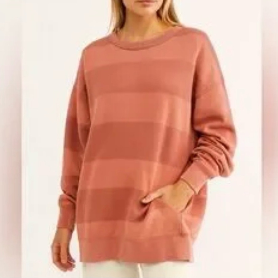 We The Free Burnt Orange Washed Terracotta Oversized Relaxed-Fit Stripe Pullover